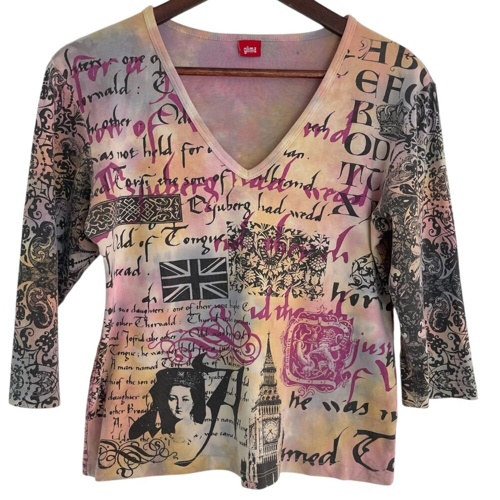 Vintage Y2K Glima V Neck Top L Graphic Tattoo British London History Print Shirt